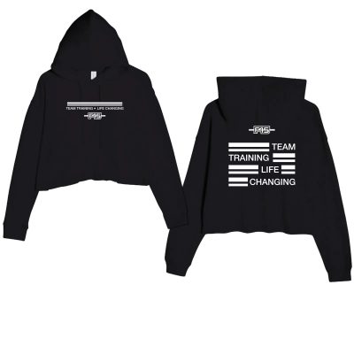 Ladies' Stripes Logo Black Cropped Fleece Hoodie (Front Print + Back Print)