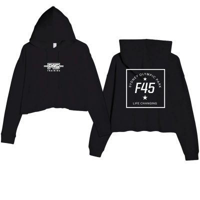 Ladies' Passport Stamp Black Cropped Fleece Hoodie (Front Print + Back Print)