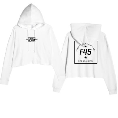 Ladies' Passport Stamp White Cropped Fleece Hoodie (Front Print + Back Print)