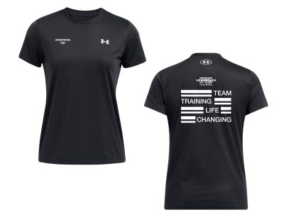 Ladies' Stripes Logo Under Armour Black Tech Tee (Front Print + Back Print)