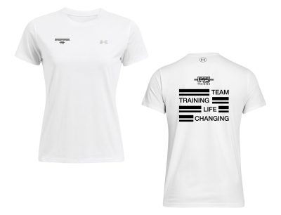 Ladies' Stripes Logo Under Armour White Tech Tee (Front Print + Back Print)